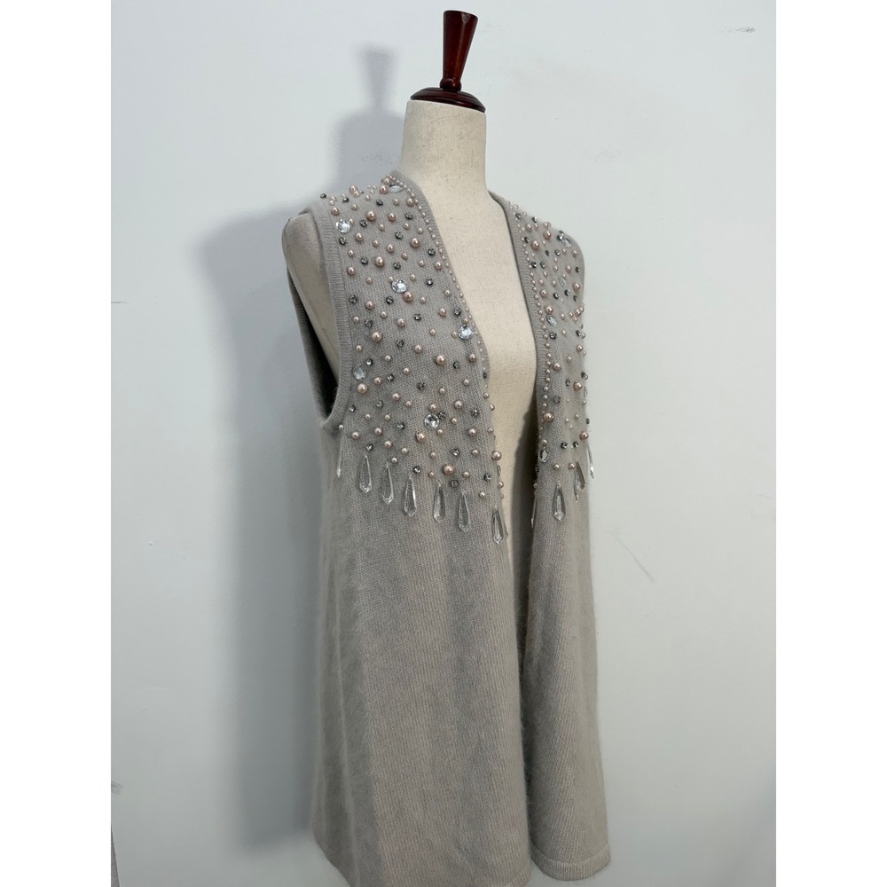 Luxury Angora Wool Cardigan Gray Pearl Rhinestone Crystal Embellished M